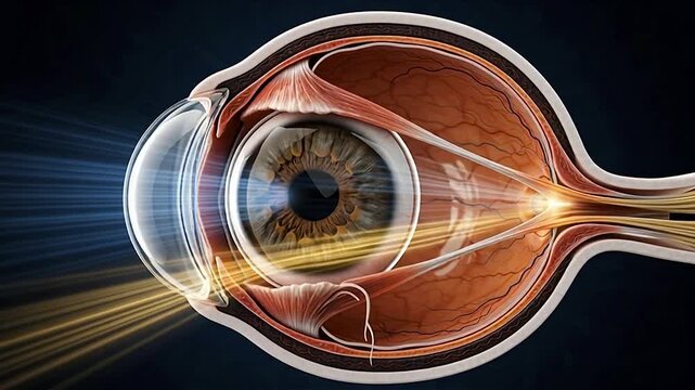 3D Motion Graphic Loop of Human Eye Cross Section Showing Light Rays Refracting Through Lens onto Fovea