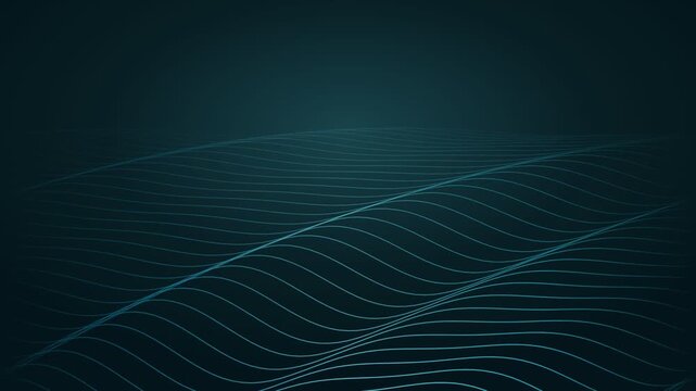 Teal and cyan horizon of flowing wave lines receding into the distance, seamless looping abstract background