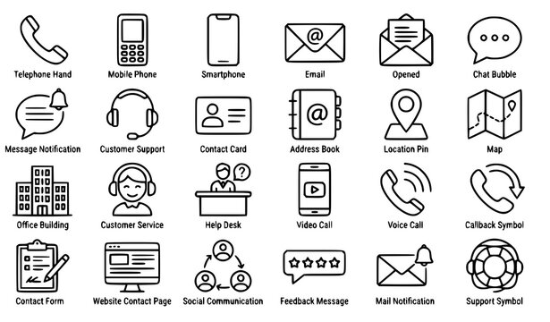 Contact us communication customer support and messaging thin line editable vector icon set