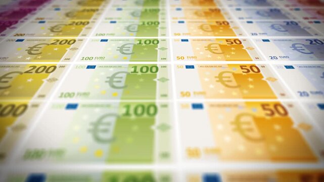 Euro Bills 3D Background Animation
Animation of a 3d money background with fake set of euro bills currency specimen and including amount from five to five hundred