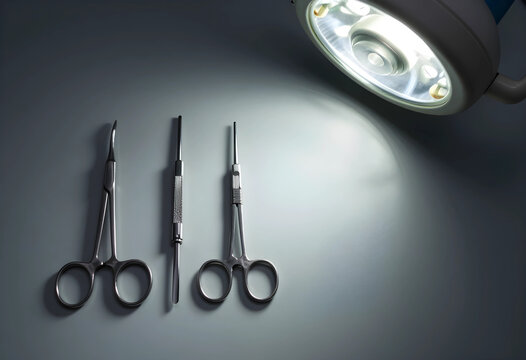 Surgery and medical procedure preparation, surgical instruments and metal tools under bright operating room light for hospital healthcare and clinic