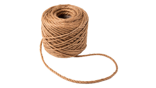 Coil of natural brown jute twine rope string isolated on transparent background
