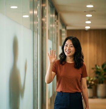 Generative AI, Friendly Asian businesswoman waving hello in a modern office corridor