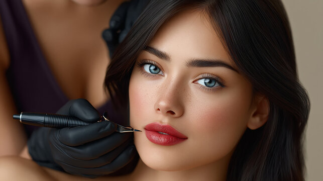 Permanent lip makeup treatment close up in beauty clinic for cosmetic tattoo service