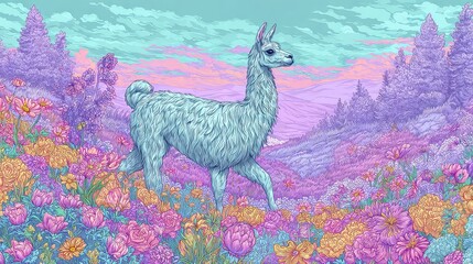 Obraz premium Colorful Llama Walking Through Vibrant Floral Landscape at Sunset