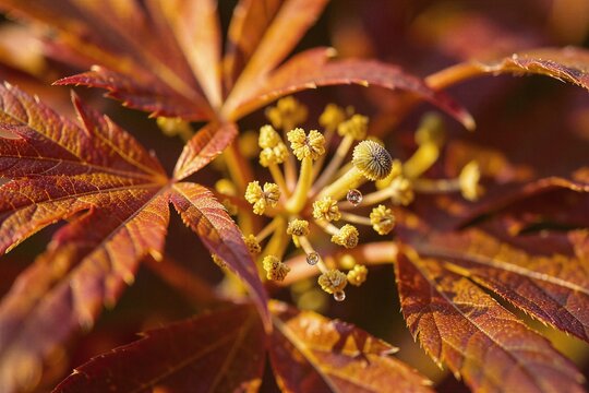 Macro view of sunlit Japanese laceleaf maple flowers and golden foliage