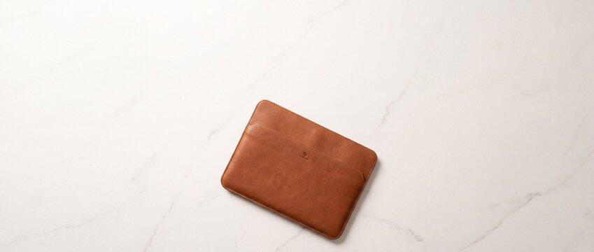 A brown leather laptop sleeve lies flat on a white marble surface from above view with sleeve positioned centrally marble background natural grey veining patterns craftsmanship professional clean