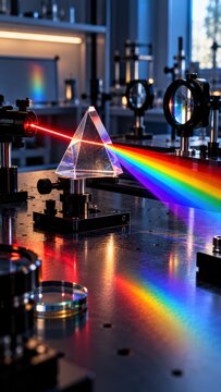 Prism light dispersion creating rainbow spectrum in physics lab