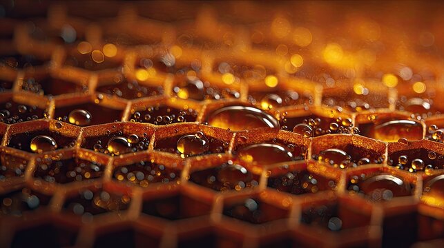 Close-Up View of Honeycomb Structure with Glossy Honey Droplets