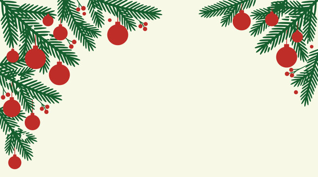 Festive christmas background vector illustration featuring decorative pine branches and hanging red baubles for holiday season greeting card designs
