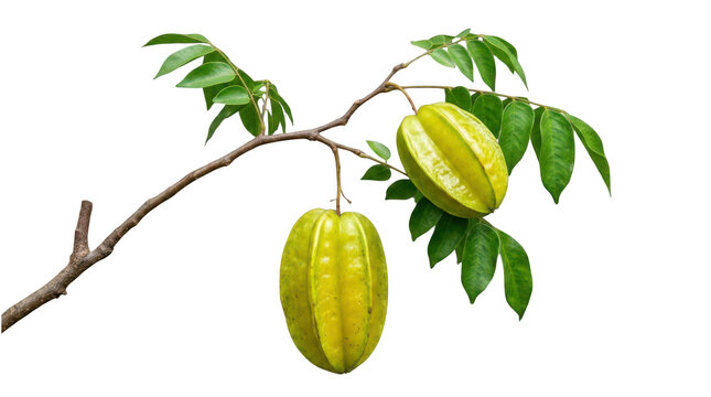 Fresh starfruit hanging on a tree branch with green leaves isolated on white background transparent background