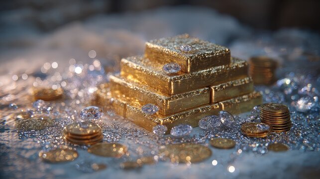 Shimmering Gold Bars and Coins Surrounded by Sparkling Diamonds