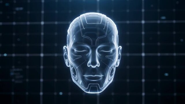 Digital robot face appears, turns, and opens glowing eyes against a dark data grid
