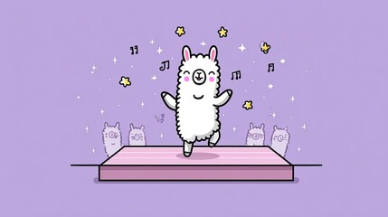 Obraz premium Llama Dancing with Stars and Music Notes on Purple Background