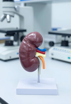 Kidney disease and renal health research, anatomical model of human kidney in medical laboratory with microscope for clinical diagnosis and urology