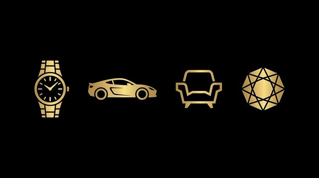 Luxury gold icons for lifestyle wealth and status symbols