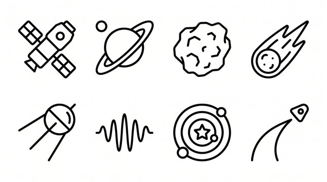 Space astronomy line icons set with satellite, planet, asteroid, comet, signal and orbital navigation symbols