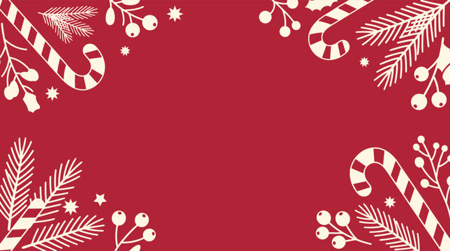 Festive red christmas background vector featuring elegant white hand drawn pine branches candy canes and winter berries for seasonal holiday designs