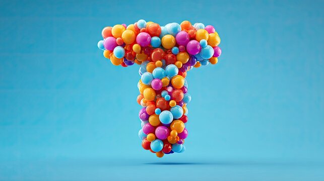 Colorful Letter T Made of Bouncing Balls on a Bright Background