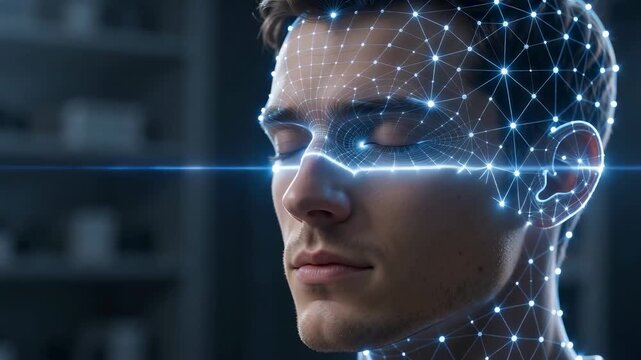 Mans still face becomes covered by glowing digital mesh in a dark tech setting
