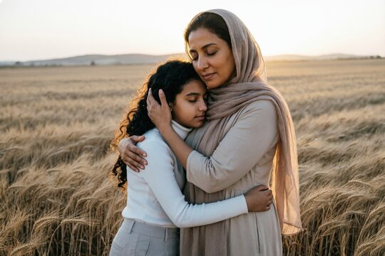 Una madre de Oriente Medio abraza estrechamente a su hija adolescente, sosteni&eacute;ndole la nuca con la mano