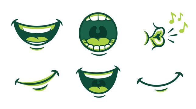 Set of playful green cartoon mouths and smiles.