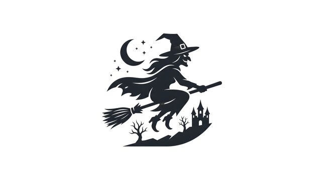 Spooky halloween witch silhouette flying on a magic broomstick at night with crescent moon, stars, and haunted castle background