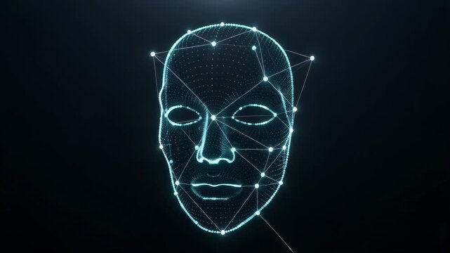 Glowing digital face turns from front to profile in a dark digital space