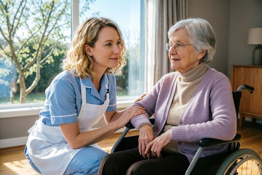 Una cuidadora se agacha para ponerse a la altura de los ojos de una anciana en silla de ruedas y le apoya una mano tranquilizadora en el brazo