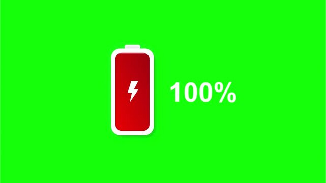 Low battery indicator icon with one percent charge on a bright green chroma key background