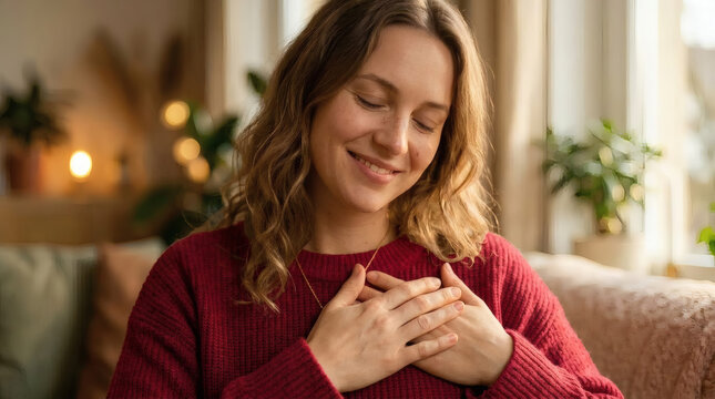 Grateful Woman In Cozy Red Sweater Practicing Mindfulness And Gratitude At Home