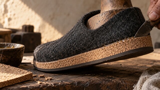 a person uses a metal blade to trim the edge of a dark grey felt shoe, which is mounted on a wooden shoe last over a workbench with cork materials