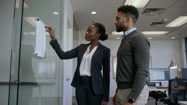 Walking coworkers, woman in suit spotting pinned note on office glass, pointing and reviewing