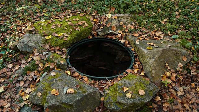 A dark, deep, old well in the forest, overgrown with green moss and strewn with autumn leaves. A mysterious atmosphere.