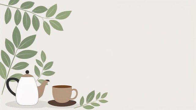 Modern Flat Vector Ceramic Teapot Teacup and Fresh Tea Leaves