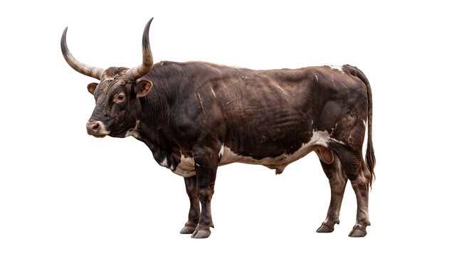 A powerful Ankole-Watusi bull featuring magnificent long horns and a muscular brown and white coat, standing in a side profile view, isolated on white background for professional creative use.