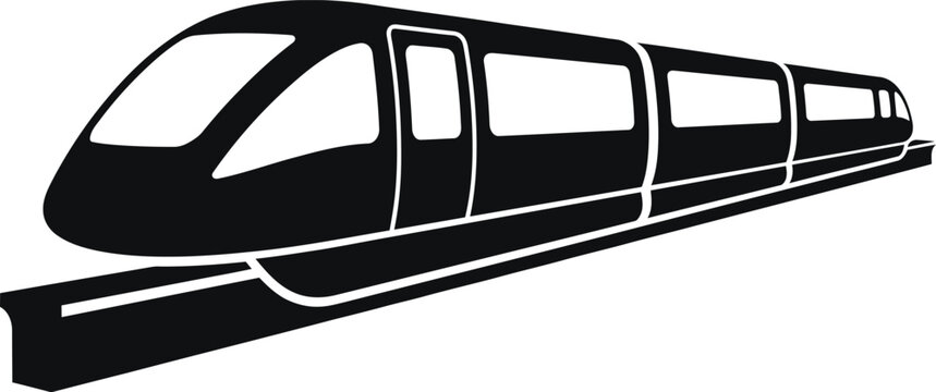 Modern high-speed train vector icon, sleek black and white locomotive silhouette, fast commuter rail transport graphic for logistics and travel
