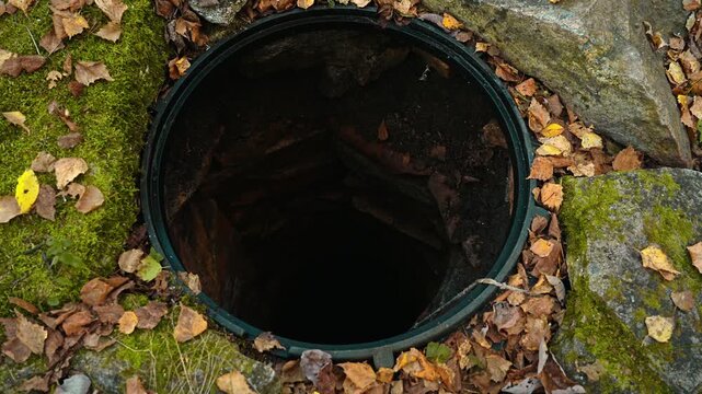 A dark, deep, old well in the forest, overgrown with green moss and strewn with autumn leaves. A mysterious atmosphere.