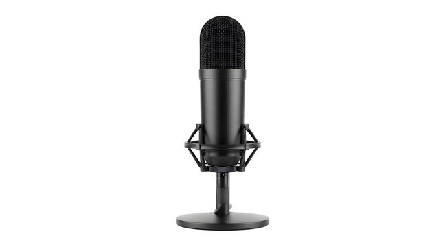 Modern studio microphone on stand for professional vocal recording and podcast broadcasting isolated on transparent background