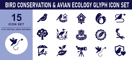 Obraz premium 15 Bird Conservation and Avian Ecology Glyph Icon Set - Ornithology, Birdwatching, Nest Protection and Migration Solid Vectors