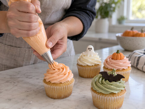 Decorating Pastel Halloween Cupcakes with Ghost and Pumpkin Toppers