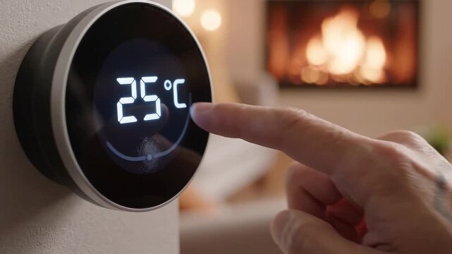 Hand adjusts a smart thermostat beside a fireplace, lowering the home temperature for connected climate control and energy efficiency.
