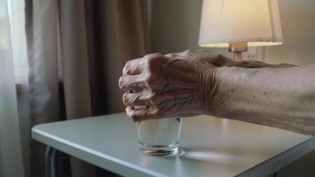 Reaching right senior hand placing glass on bedside table, left hand cupping to steady for drinking