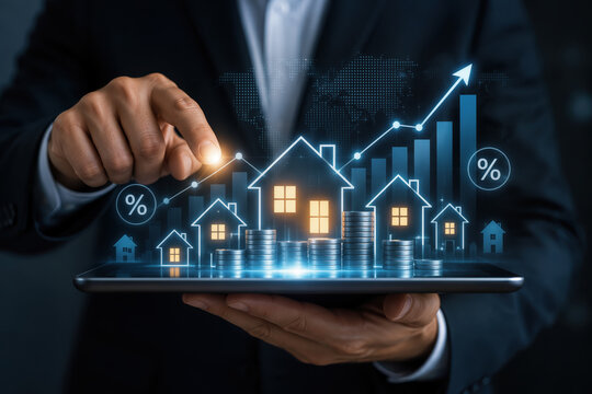 Digital real estate investment concept with glowing house icons financial charts percentage symbols tablet touchscreen property market growth and investment analytics visualization for fintech