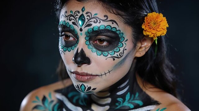 Opening closed eyes model lifting gaze, straightening in studio, showing teal paint, gem, marigold