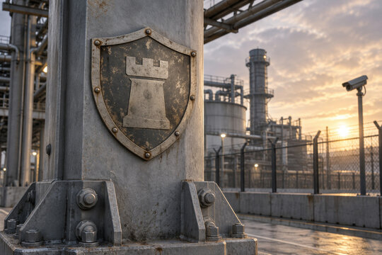 Weathered metal shield with rook tower emblem mounted on reinforced industrial pillar representing critical infrastructure protection security resilience and risk defense at refinery sunset