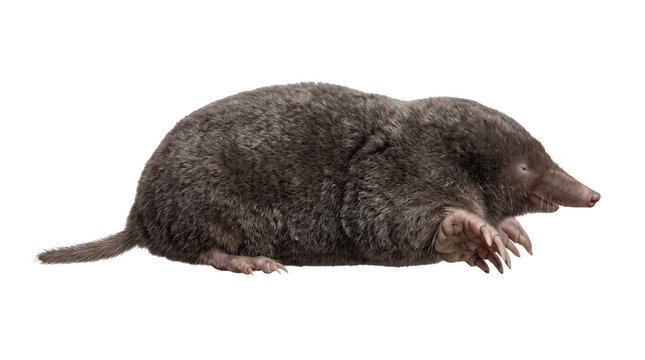 Detailed side view of a realistic brown mole with sharp digging claws and thick fur, perfectly isolated on a transparent background for easy placement in various nature or wildlife designs.