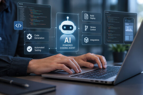 AI powered coding agent interface with code generation automated testing build deploy version control integrations developer typing on laptop engineering automation software development tools