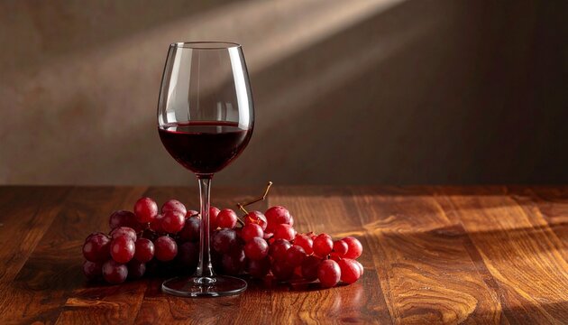 Elegant glass of red wine with fresh grapes on wooden table.