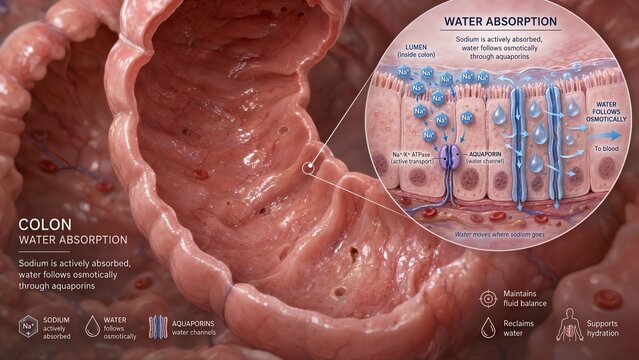 Human large intestine colon model against a neutral background, featuring a zoomed inset demonstrating water absorption where active sodium uptake drives osmotic water flow